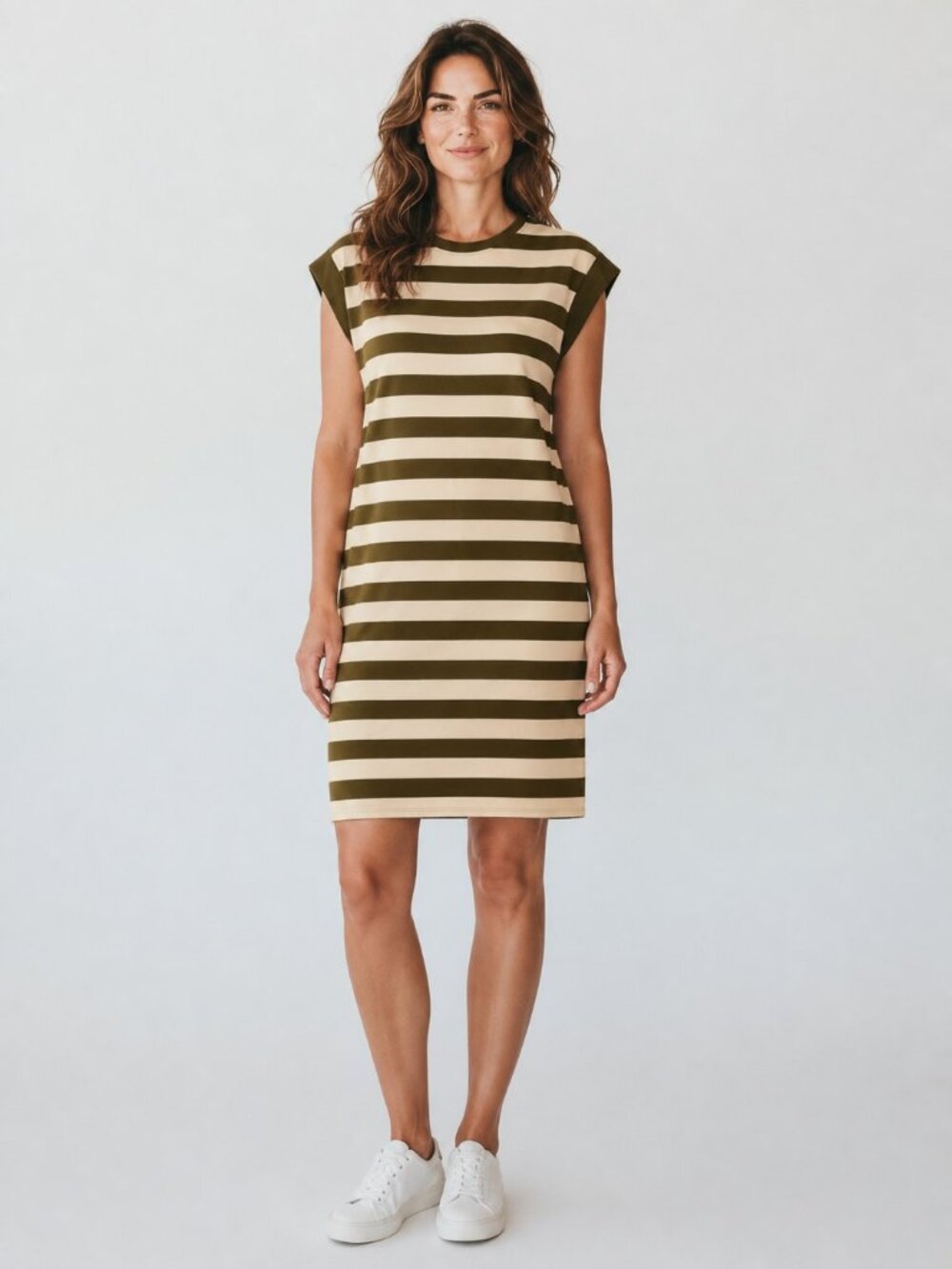 Carole Christian Large Olive Green Cream Striped Knit Dress